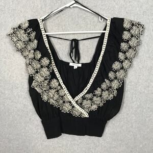 Monograph Womens Shirt Medium Black Crop‎ Top Embroidered Ruffle Festival Boho